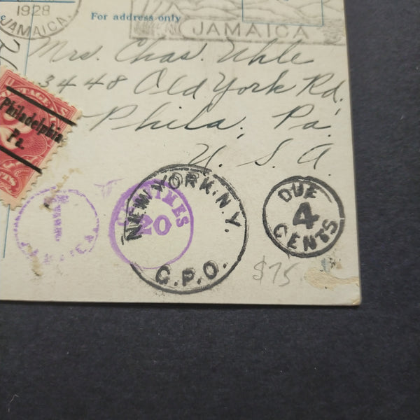 USA American Postcard 1928 Jamacian Postcard From Kingston Jamaica to Philadelphia USA 4 Cents Postage Due
