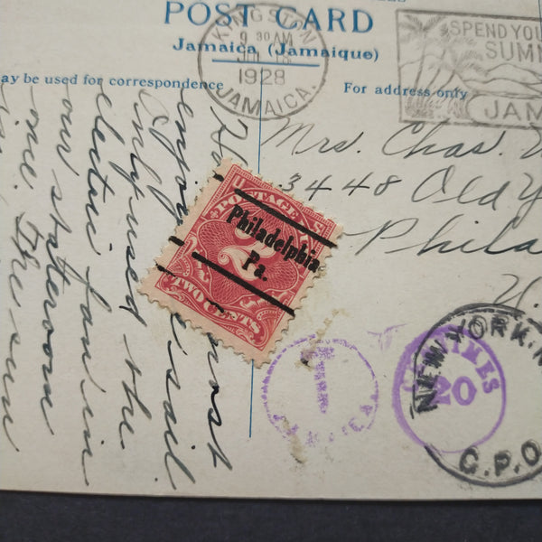USA American Postcard 1928 Jamacian Postcard From Kingston Jamaica to Philadelphia USA 4 Cents Postage Due
