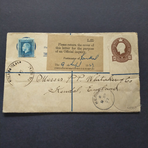 NZ Postal Agency Pitcairn Registered Postal Stationery sent 7 wks after opening