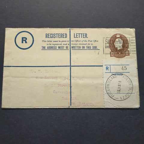 Pitcairn - Dunedin New Zealand Registered Letter bearing NZ agency label.