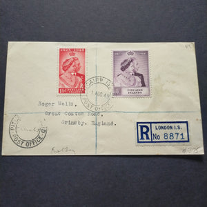 Pitcairn Islands Cover 1923-1948 Royal Wedding Stamps 1949 CDS Pitcairn Islands to Grimsby England Registered