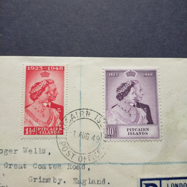 Pitcairn Islands Cover 1923-1948 Royal Wedding Stamps 1949 CDS Pitcairn Islands to Grimsby England Registered