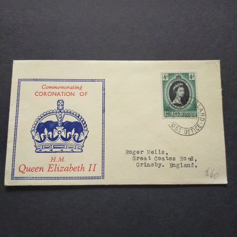 Pitcairn Islands Cover Coronation of H.M. Queen Elizabeth II 1953 CDS Pitcairn Islands to Grimsby England