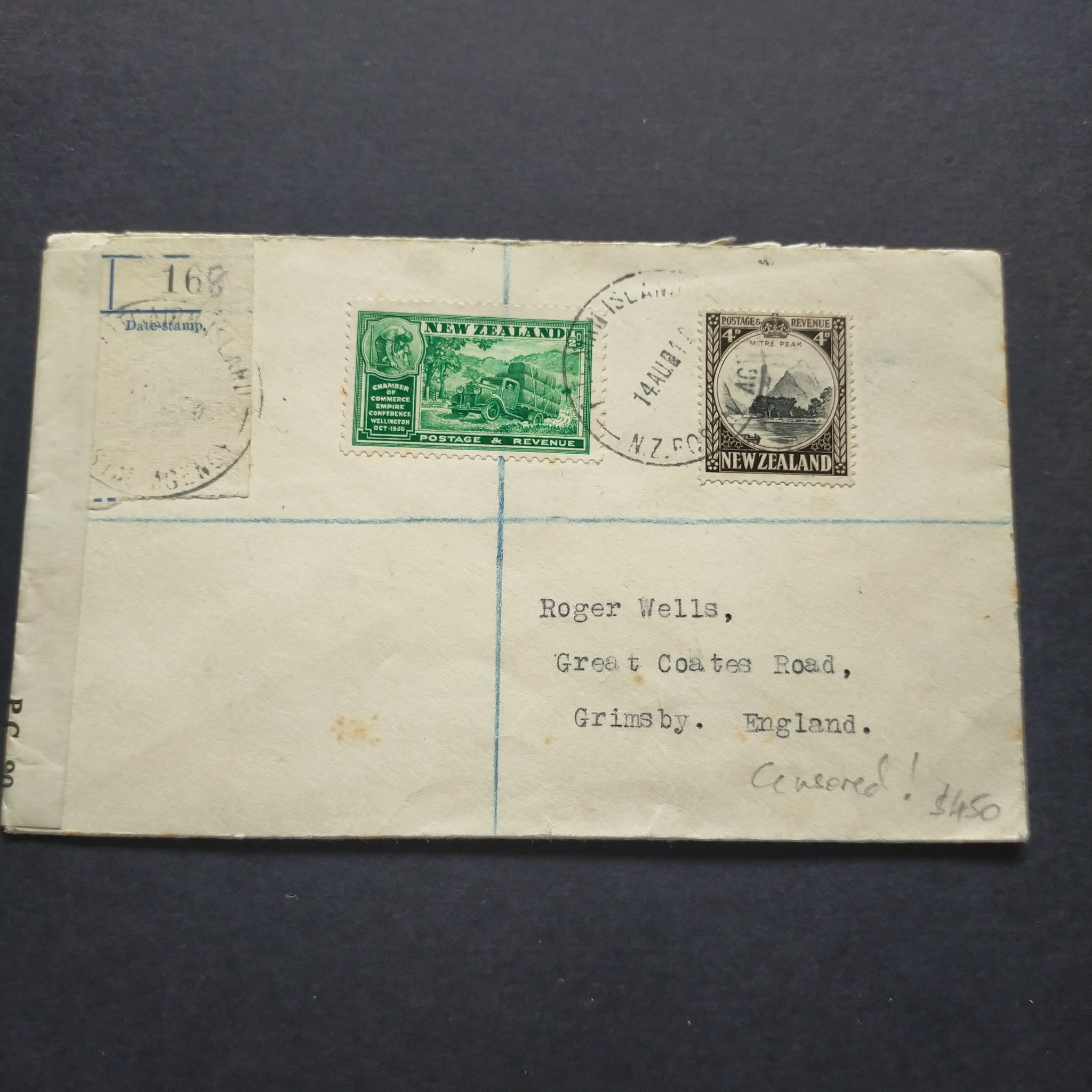 NZ Pitcairn Islands Cover 1940 CDS Pitcairn Islands to Grimsby England Registered Opened By Examiner