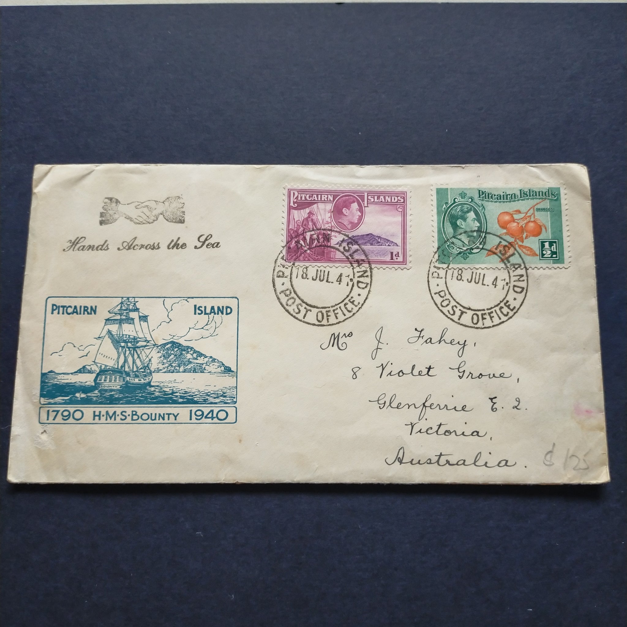 Pitcairn Islands Cover 1941 CDS Pitcairn Island 1790 HMS Bounty 1940 Pitcairn Islands to Victoria Australia