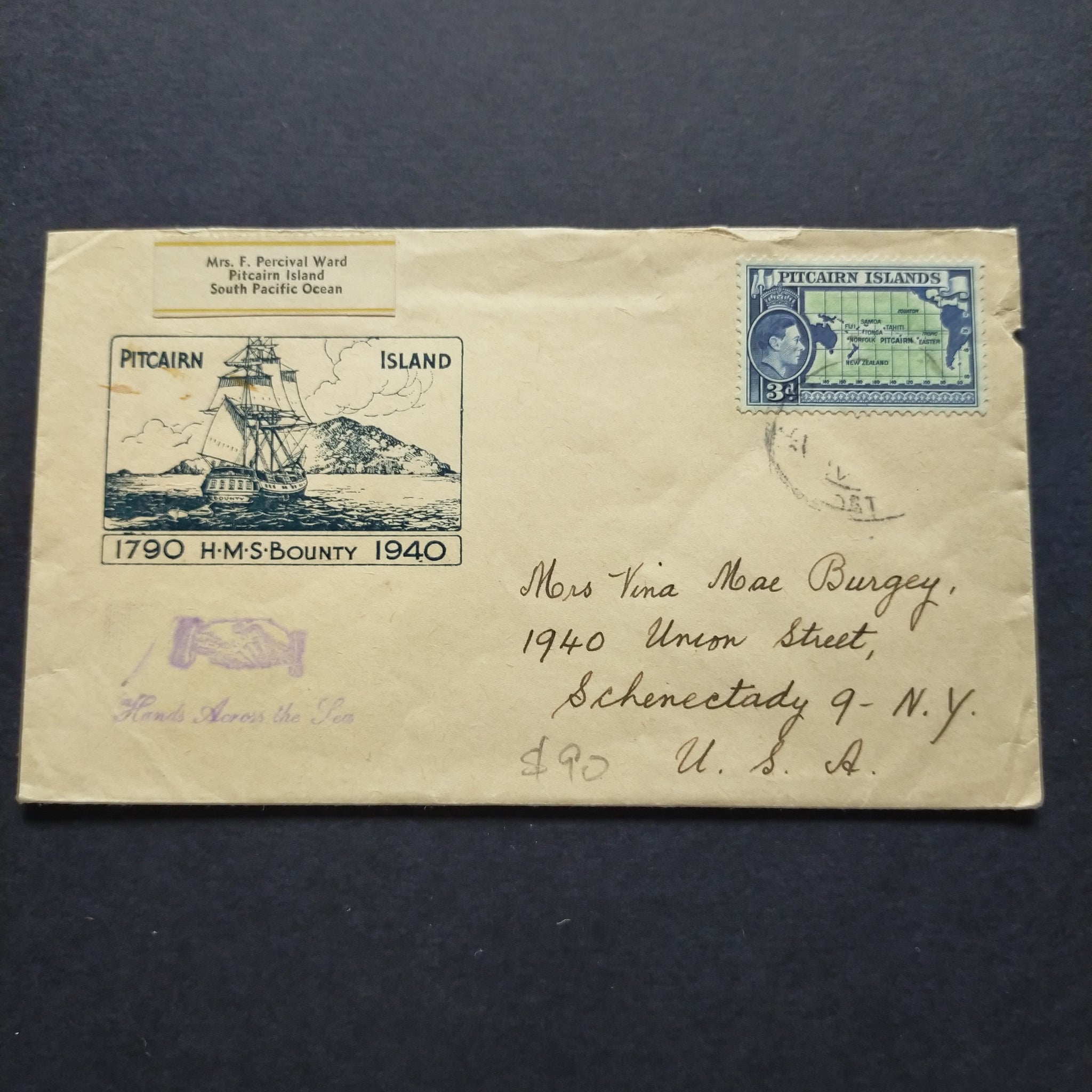 Pitcairn Islands Cover 1951 Pitcairn Island 1790 HMS Bounty 1940 Pitcairn Islands to New York USA