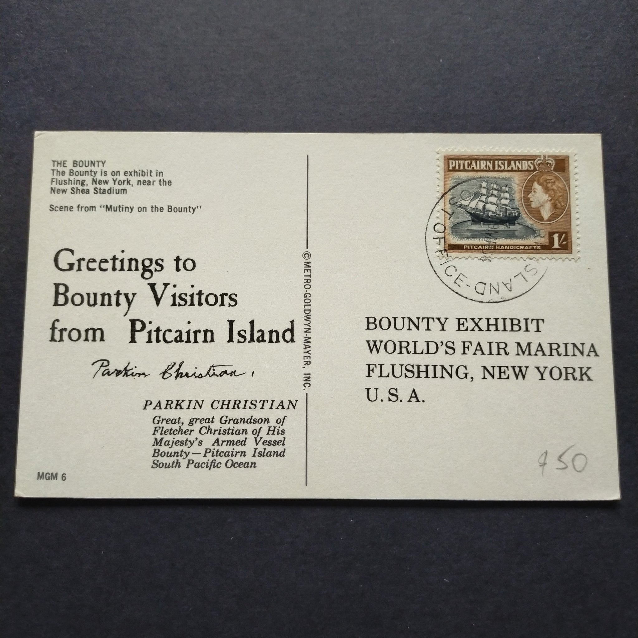 Pitcairn Islands Postcard Bounty Exhibit World's Fair Marina New York Greetings to Bounty Visitors from Pitcairn Island