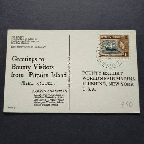 Pitcairn Islands Postcard Bounty Exhibit World's Fair Marina New York Greetings to Bounty Visitors from Pitcairn Island