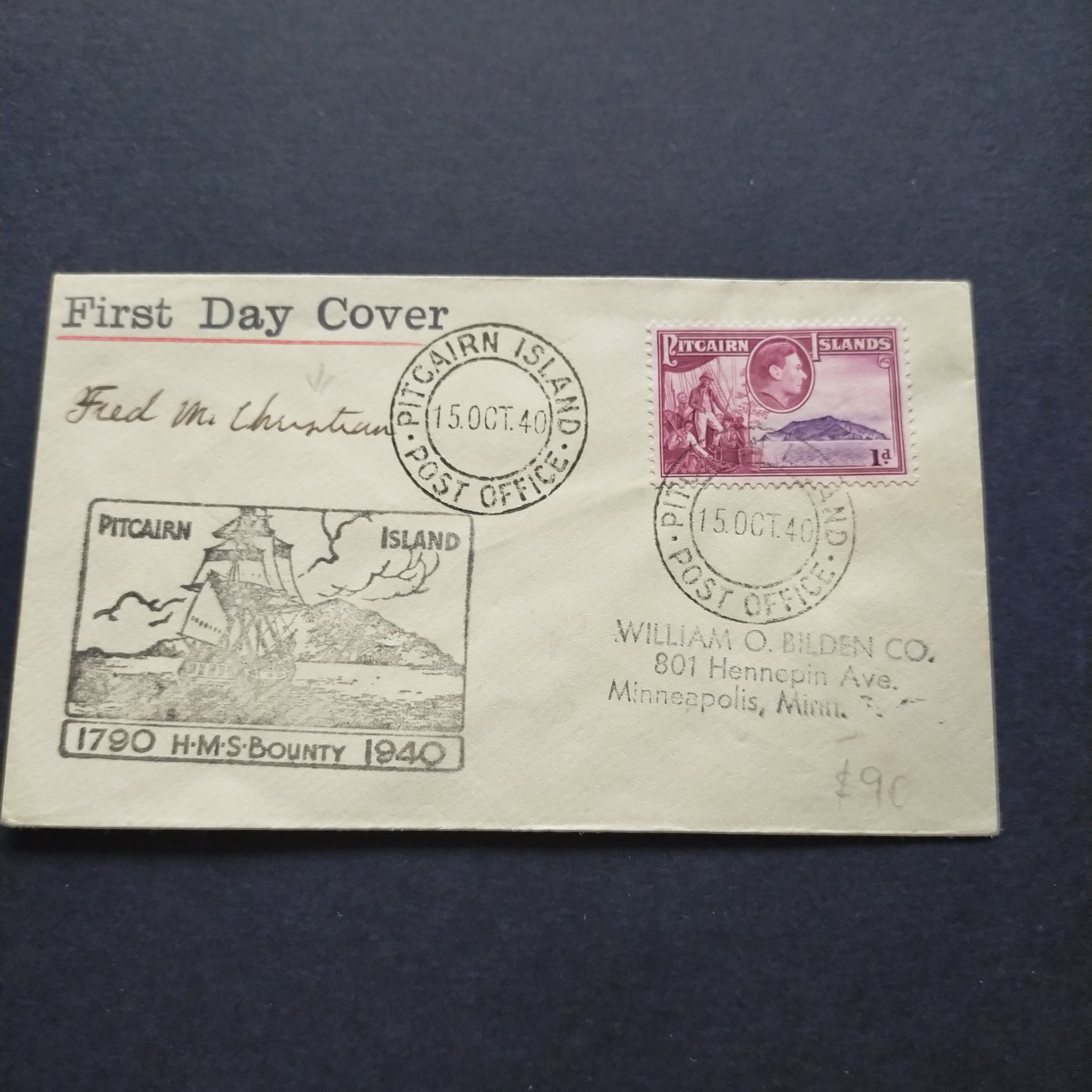 Pitcairn Islands First Day Cover 1940 CDS HMS Bounty Design Stamp Addressed to Minneapolis Minnesota USA