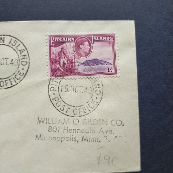 Pitcairn Islands First Day Cover 1940 CDS HMS Bounty Design Stamp Addressed to Minneapolis Minnesota USA