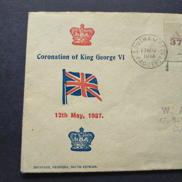 Pitcairn Islands Coronation of King George VI Cover 1938 Southampton Paquebot CDS Pitcairn Islands to England