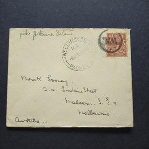 Pitcairn Islands Cover Wellington NZ Packet Boat CDS Pitcairn Islands to Malvern Australia