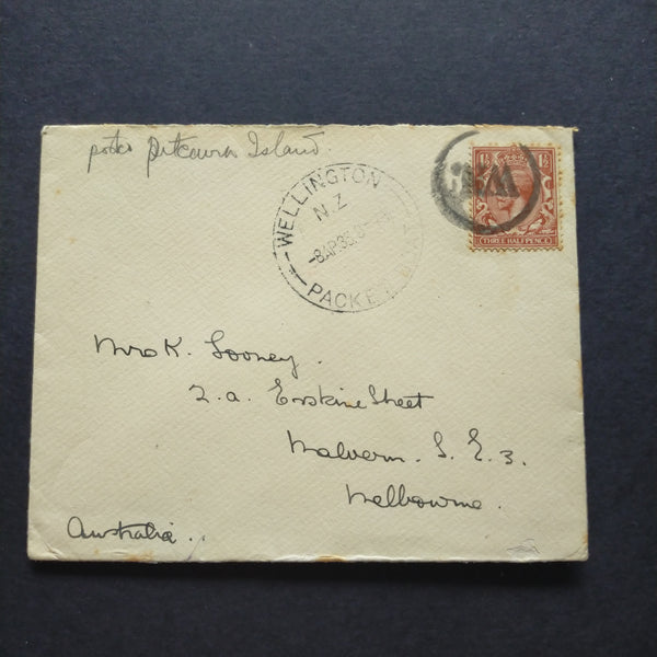 Pitcairn Islands Cover Wellington NZ Packet Boat CDS Pitcairn Islands to Malvern Australia