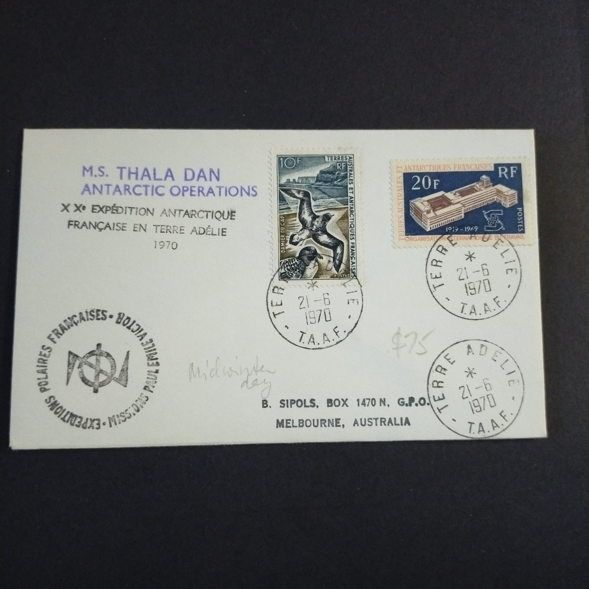 French Antarctic Territory 1970 Cover Terre Adelie To Melbourne