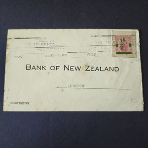 NZ New Zealand Vintage Cover with Postal Stationary cut out from Bank of New Zealand, Masterton-Dunedin, with Masterton Telephone Slogan