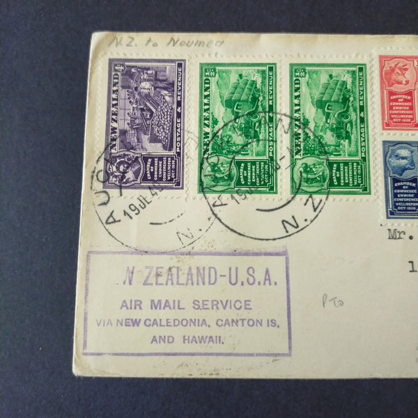 NZ New Zealand 1940 Vintage Cover Auckland To California Air Mail Service Via New Caledonia, Canton Island and Hawaii Cover