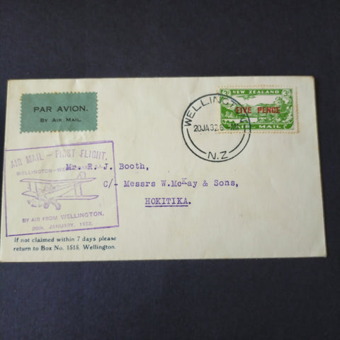 NZ New Zealand 5d Surcharge on 1932 First Flight Wellington - West Coast cover