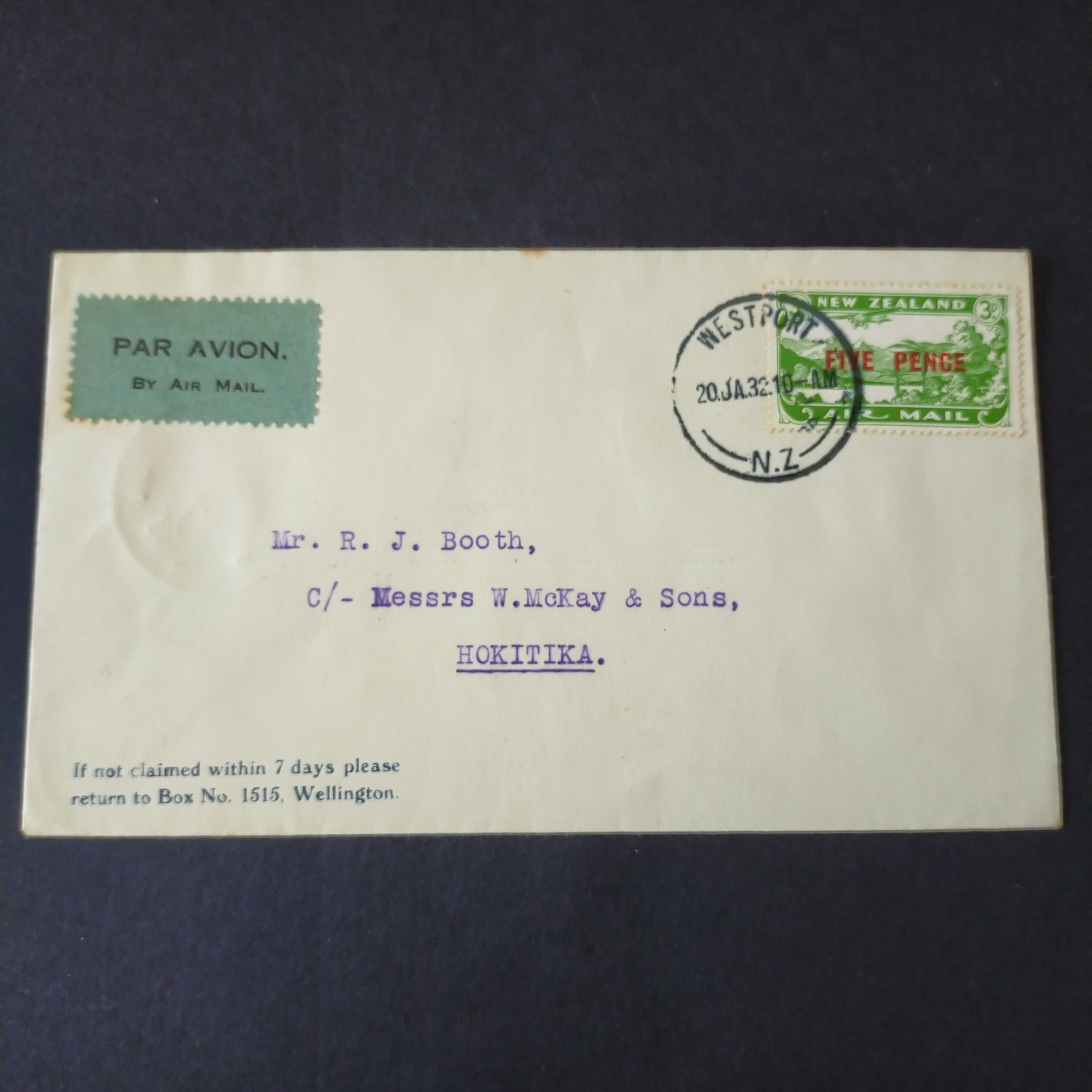 NZ New Zealand 1932 Vintage Cover Westport To Hokitika Air Mail First Flight Wellington - West Coast