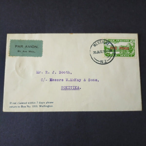 NZ New Zealand 1932 Vintage Cover Westport To Hokitika Air Mail First Flight Wellington - West Coast