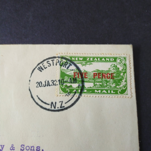 NZ New Zealand 1932 Vintage Cover Westport To Hokitika Air Mail First Flight Wellington - West Coast