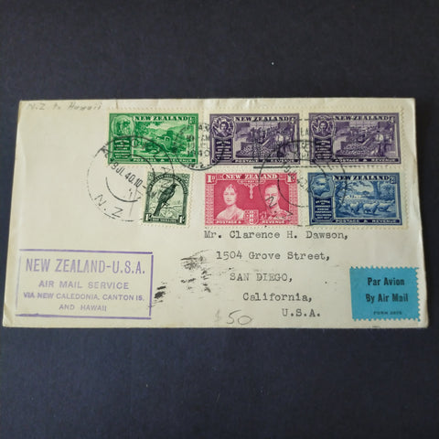 NZ New Zealand 1940 Airmail Cover Auckland to California via New Caledonia, Canton Island, and Hawaii