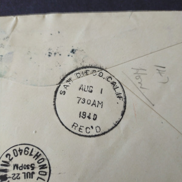 NZ New Zealand 1940 Airmail Cover Auckland to California via New Caledonia, Canton Island, and Hawaii