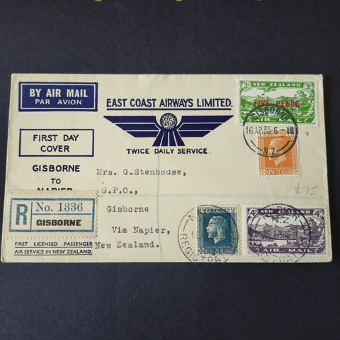 NZ New Zealand 1935 Vintage Cover Gisborne To Napier Registered First Day Cover Air Mail East Coast Airways Limited