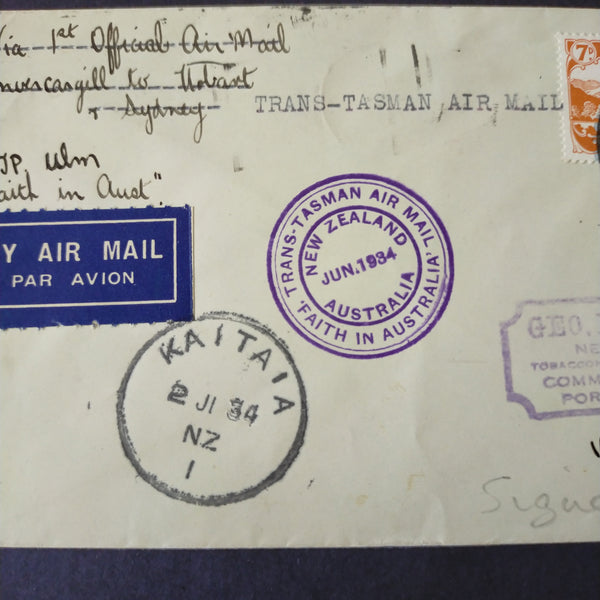 NZ New Zealand 1934 Auckland Kaitaia- Sydney First Flight Cover Trans-Tasman Air Mail "Faith In Australia" Signed By Pilot Ulm