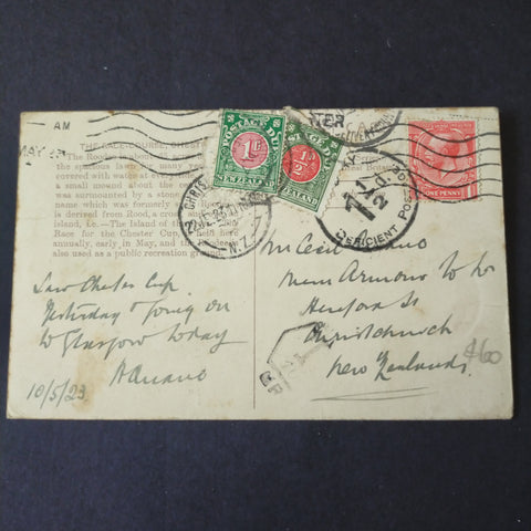 NZ New Zealand 1923 Vintage Postcard "The Racecourse, Chester Great Britain' UK To Christchurch KGV 1 Penny Postage Due