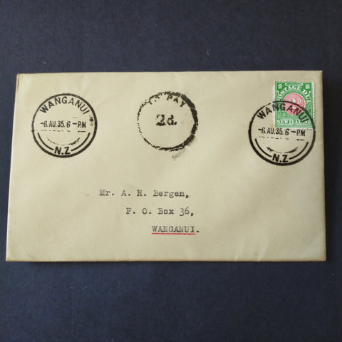 NZ New Zealand 2d Postage Due Cover backstamped " Wanganui Registered 6 Au 1935"