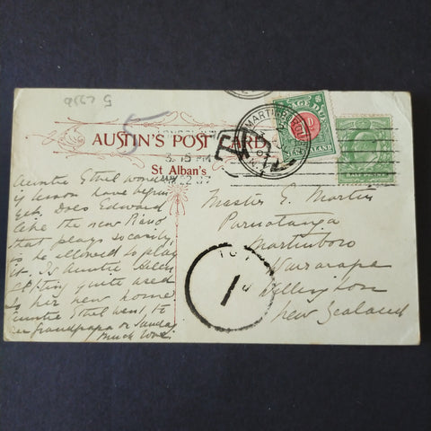 NZ New Zealand 1907 Vintage Postcard St Albans Great Britain UK To Martinborough Wellington KE7 Postage Due