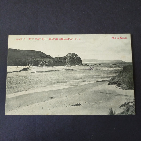 NZ New Zealand Vintage 1906 Postcard "The Bathing Beach" Brighton To Dunedin Postage Due