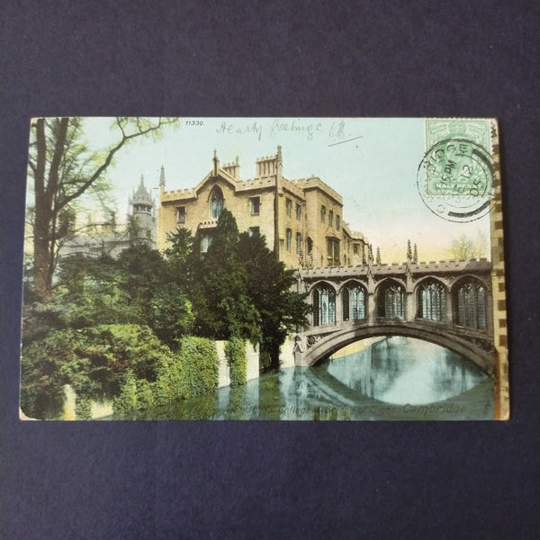 NZ New Zealand 1905 Vintage Postcard St John's College & Bridge of Sighs Cambridge Burwell Cambridge Great Britain UK To Palmerston KE7 Half Penny Postage Due