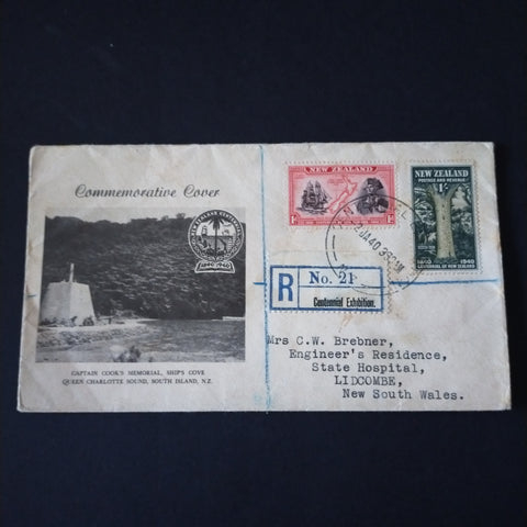NZ New Zealand 1940 Vintage First Day Cover Captain Cook's Memorial Commemorative Cover with Captain Cook 1d Centennial Exhibition Cancel To Lidcombe NSW Australia Registered