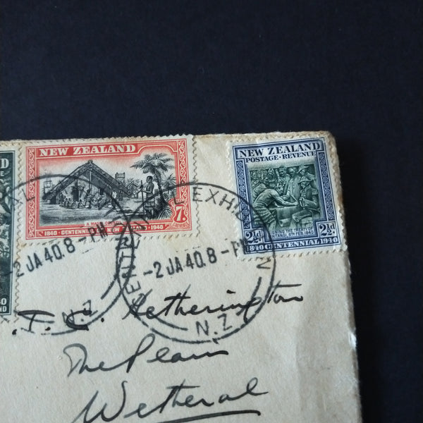 NZ New Zealand 1940 Vintage First Day Cover Commemorative Cover with complete set of stamps Centennial Exhibition Cancel To Wetheral Via Carlisle England Great Britain UK Censored