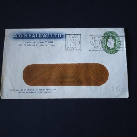 Australia 1936 Printed To Private Order Envelope A.G. Healing Ltd Advertisement Posted in Sydney Clear Panel Envelope