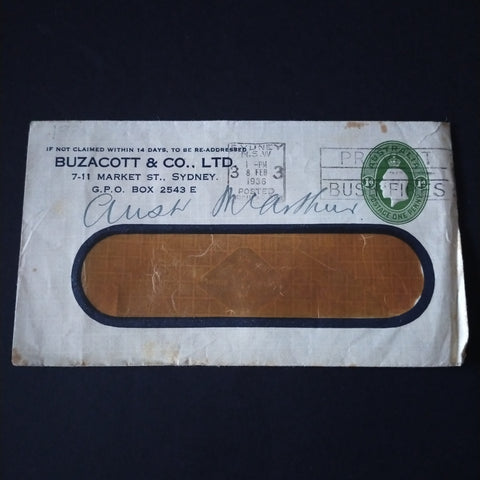 Australia 1936 Printed To Private Order Envelope Buzacott & Co. Ltd Advertisement Posted in Sydney Clear Panel Envelope