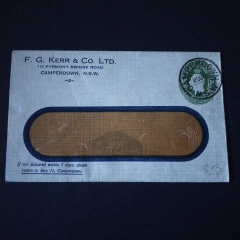 Australia 1936 Printed To Private Order Envelope F.G. Kerr & Co Ltd Advertisement Posted in Camperdown NSW Clear Panel Envelope