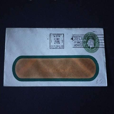 Australia 1936 Printed To Private Order Envelope Posted in Sydney Clear Panel Envelope
