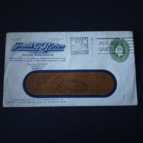 Australia 1935 Printed To Private Order Frank G O'Brien Ltd Glass Merchants Advertisement Envelope Posted in Sydney Clear Panel Envelope