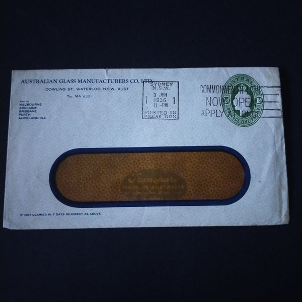 Australia 1936 Printed To Private Order Australian Glass Manufacturers Advertisement Envelope Posted in Sydney Clear Panel Envelope