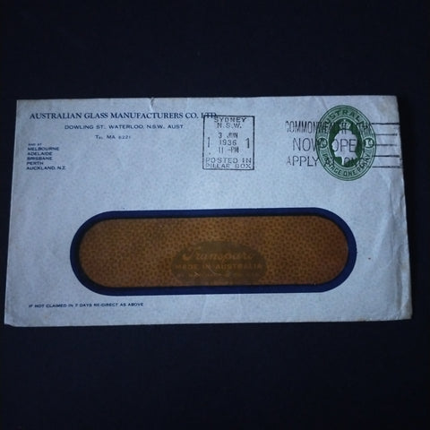 Australia 1936 Printed To Private Order Australian Glass Manufacturers Advertisement Envelope Posted in Sydney Clear Panel Envelope