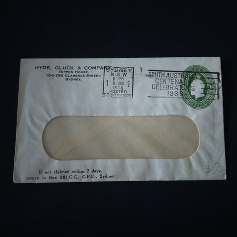 Australia 1936 Printed To Private Order Hyde, Gluck & Company Advertisement Envelope Posted in Sydney Clear Panel Envelope