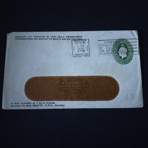 Australia 1936 Printed To Private Order Envelope Posted in Sydney Clear Panel Envelope