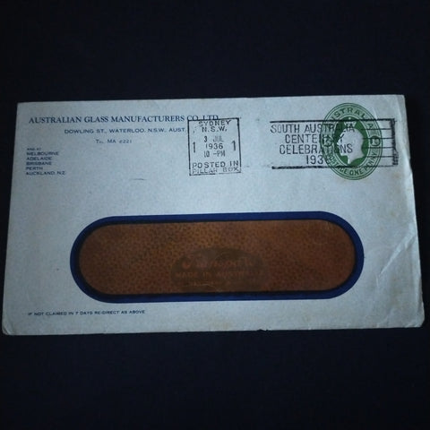 Australia 1936 Printed To Private Order Australian Glass Manufacturers Advertisement Envelope Posted in Sydney Clear Panel Envelope