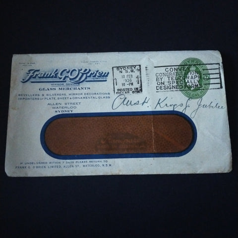 Australia 1936 Printed To Private Order Frank G O'Brien Ltd Glass Merchants Advertisement Envelope Posted in Sydney Clear Panel Envelope