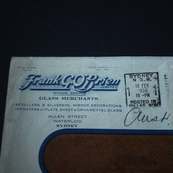 Australia 1936 Printed To Private Order Frank G O'Brien Ltd Glass Merchants Advertisement Envelope Posted in Sydney Clear Panel Envelope