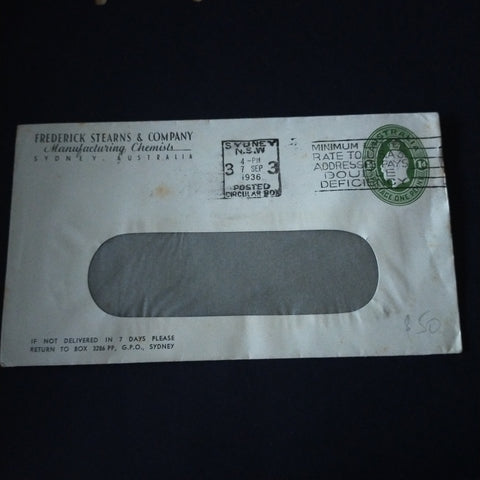 Australia 1936 Printed To Private Order Frederick Stearns & Company Advertisement Envelope Posted in Sydney Clear Panel Envelope