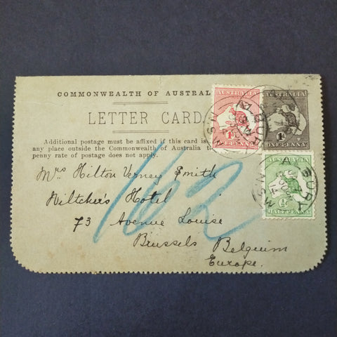 Australia 1914 Kangaroo Lettercard Cairns Railway Queensland. Albury NSW To Brussels Belgium with 1d Kangaroo stamp added