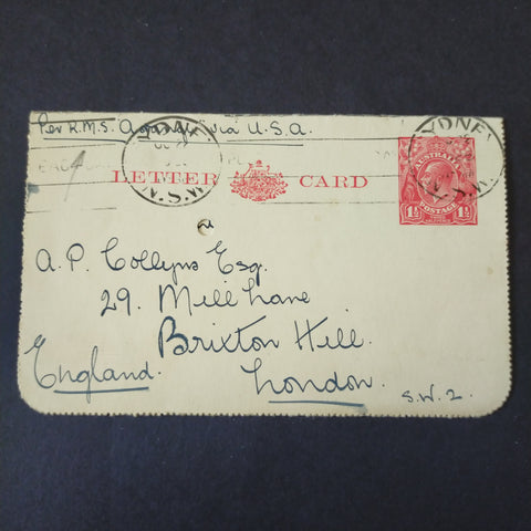 Australia 1925 11/2d KGV Red Lettercard Sydney NSW To London Sent "Per RMS A??? Via USA"